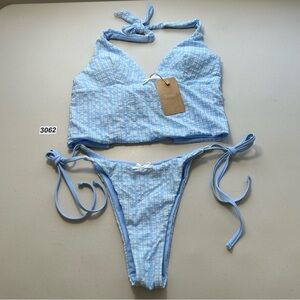 Samiol Light Blue Knitted Plaid Halter Tankini Bikini Set Size Medium